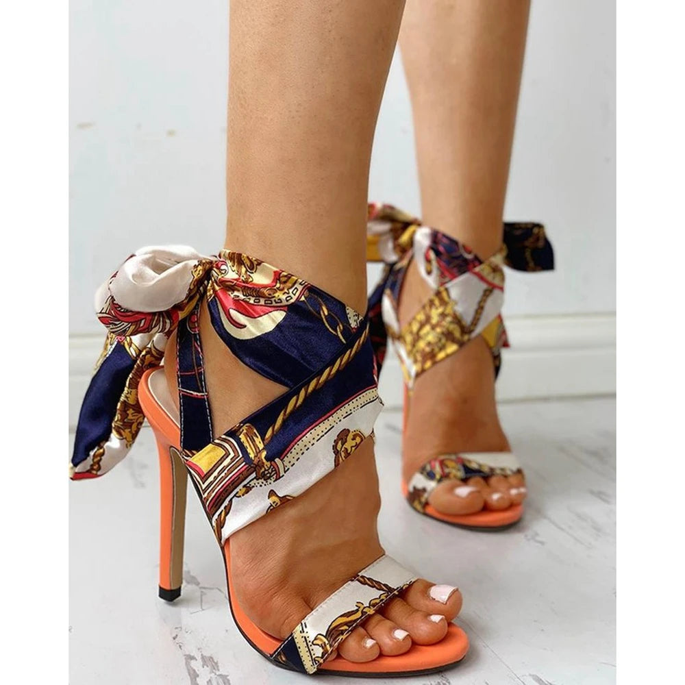 FZ Women's Floral Print Tied Ankle Pumps Sandals Shoes