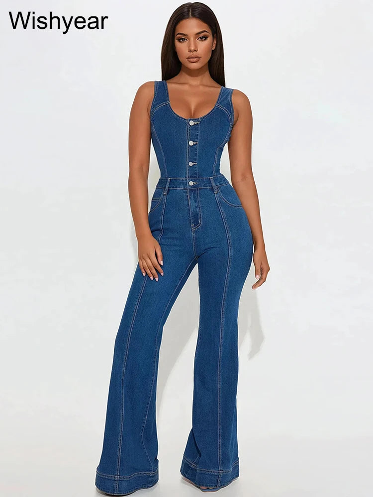 FZ Women's Sleeveless Single Breasted Slim One Piece Vintage Backless Denim Jumpsuit