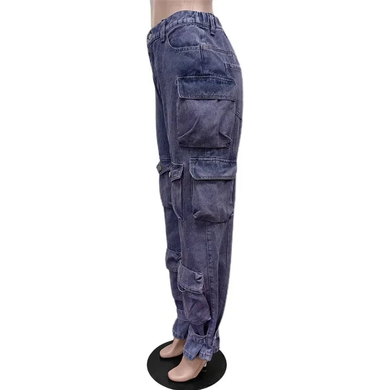 FZ Women's Fashion Elastic High Waist Button Fly Denim Cargo Pants - FZwear