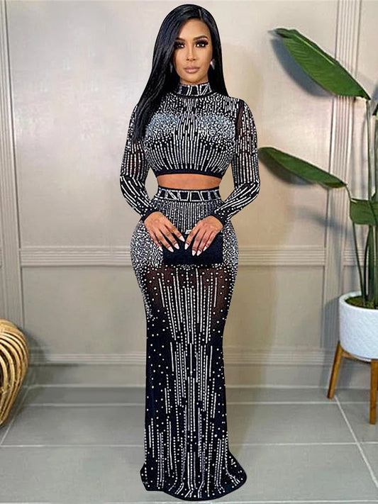 FZ Women's Sexy Crystal Two Piece Mesh Long Skirt Suit