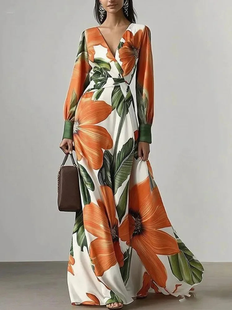 FZ Women's Tropical Floral Print V-Neck Long Sleeve Wrap Maxi Dress