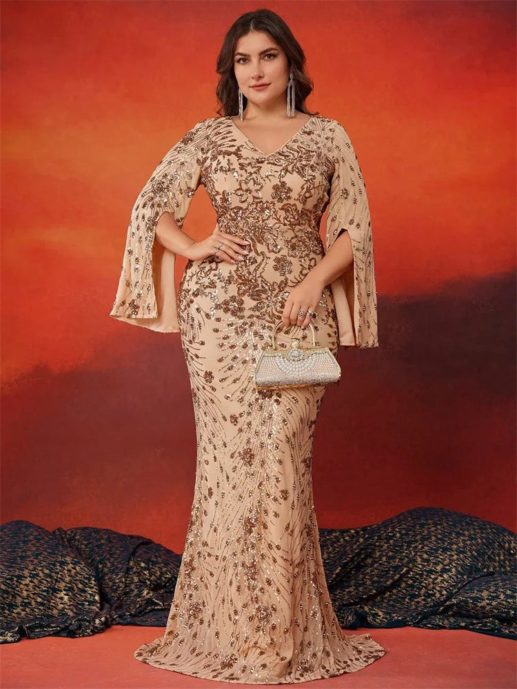 FZ Women's  Plus Size Embroidery Long Sleeve Mermaid Sequins Evening Dress