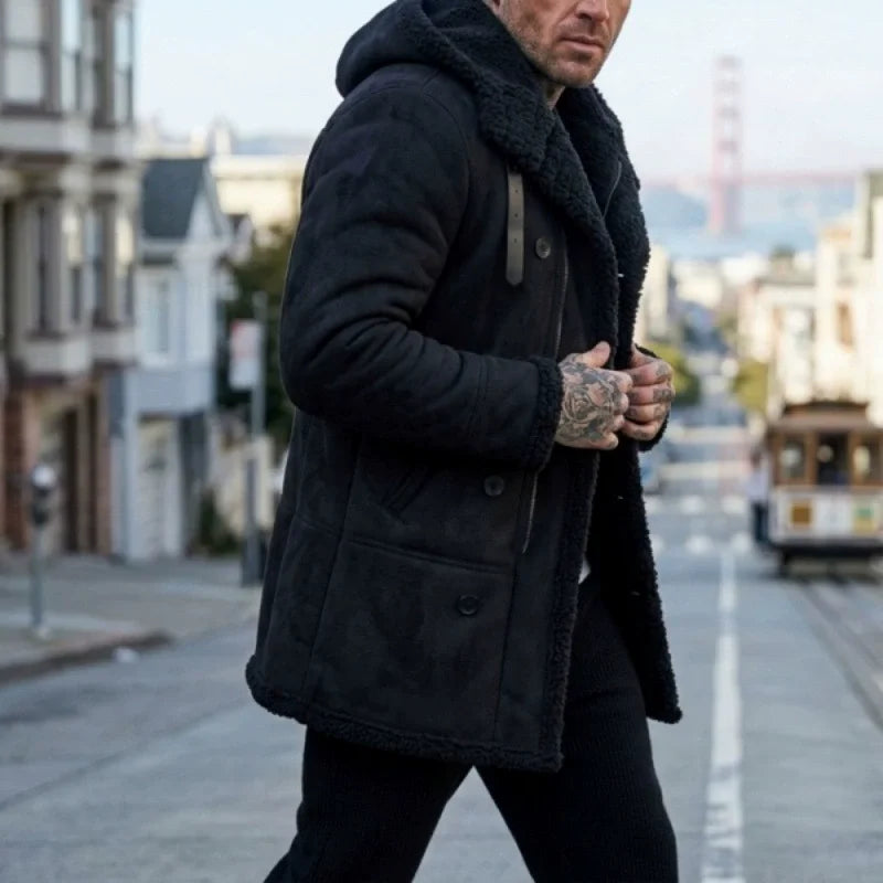 FZ Men's Lapel Hooded Thick Fleece Lined Mid Length Jacket