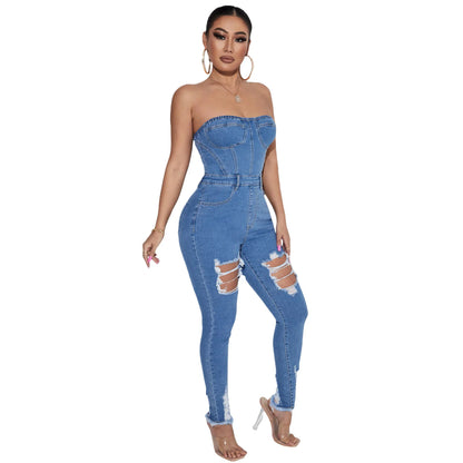 Summer Sexy Ripped Denim Women Jumpsuits Casual Vintage Strapless Stretchy Pants One Piece Streetwear Rompers Jean Playsuits FZwear