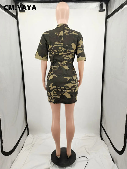 FZ Women's Camouflage Zipper Sly Short Sleeve Safari Style Denim Dress DSers