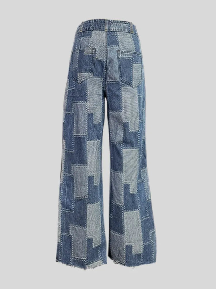 FZ Women's Plaid Contrast Loose Buttoned High Waist Wide Leg Denim Pants