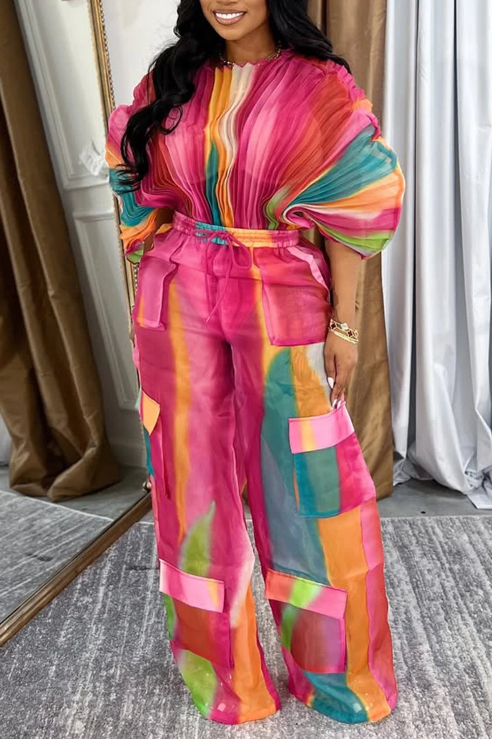 FZ Women's Plus Size Gradient Batwing Sleeve Cargo Pleated Two Piece Pants Suit