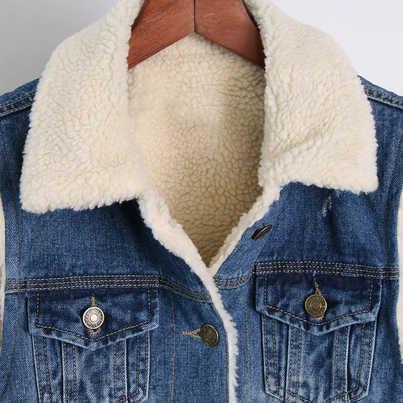 FZ Women's Slim Fit Lamb Fur Thickened Sleeveless Denim Jacket