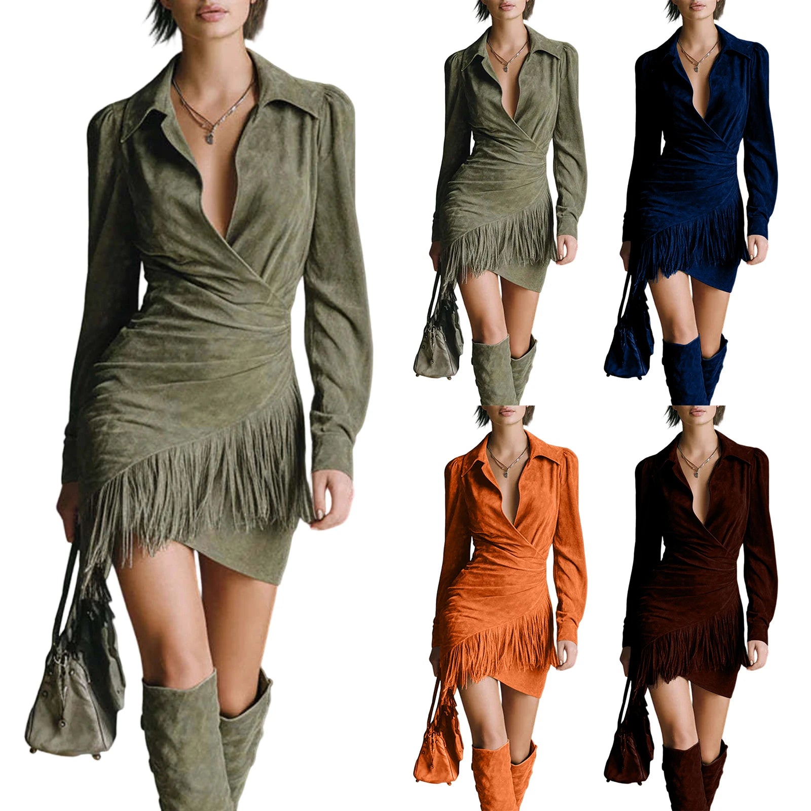 FZ Women's Long Sleeve V-neck Solid Color Wrap Dress
