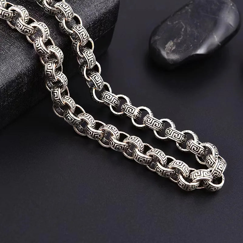 Vintage Gothic Men Punk S925 Sterling Silver Fret Pattern Chockers Chain Necklace for Male Hip Hop Party Jewelry Accessories FZwear