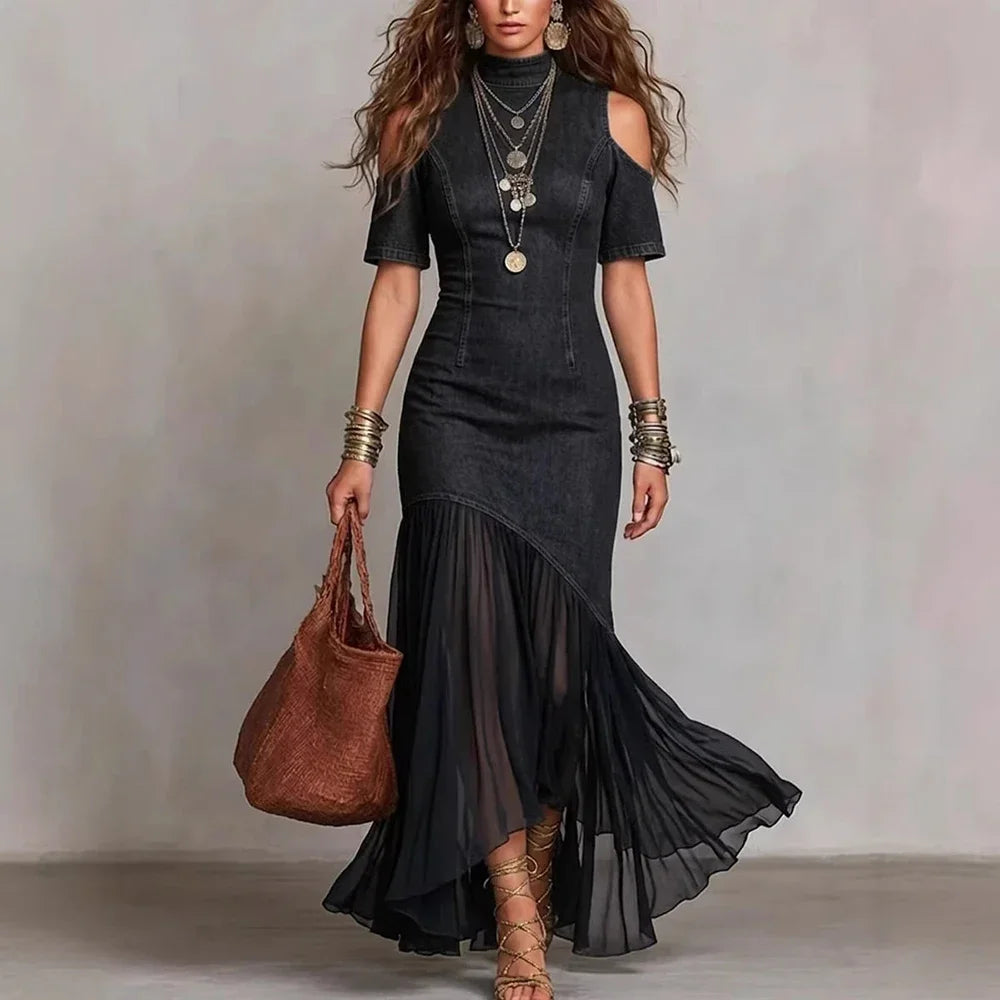 FZ Women's Vintage Patchwork Off Shoulder High Street Fishtail Denim Dress