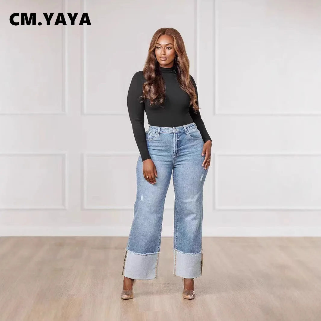 FZ Women's Streetwear Straight Washed Patchwork Wide Leg Ripped Denim Pants