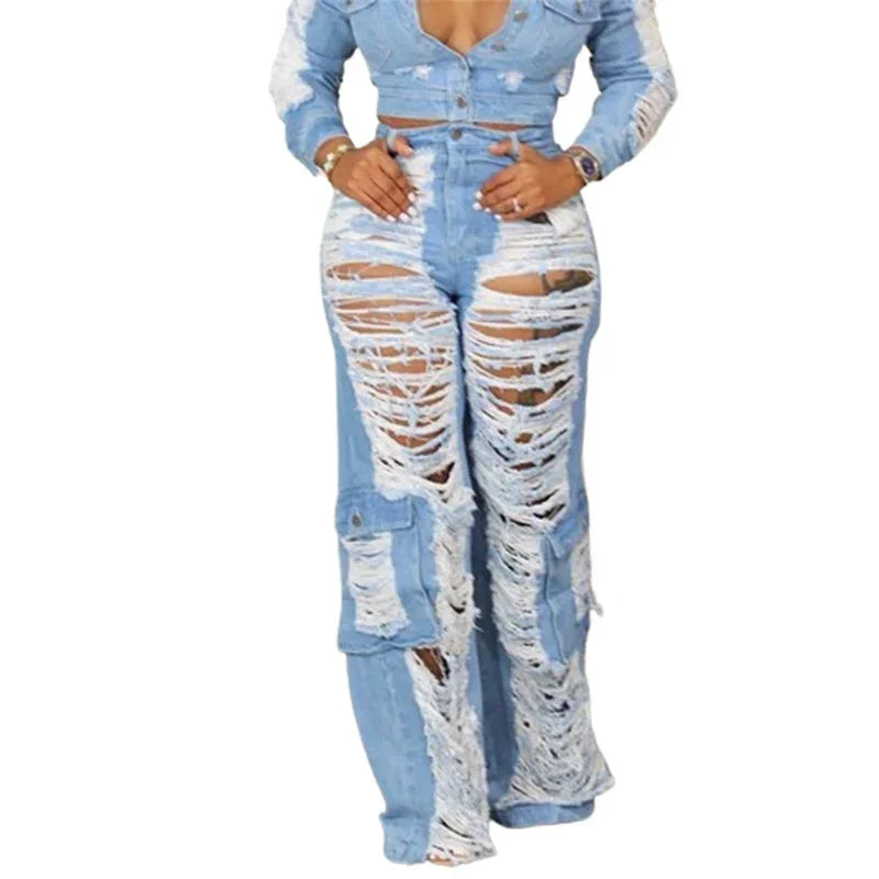 FZ Women's Hollow Out Broken Holes Patchwork  High Waist Denim Pants