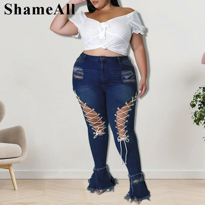 Plus Size Streetwear Lace Up Sexy Ripped Skinny Black Flare Jeans 4XL Woman Club Party High Waisted Stretchy Denim Bell Bottom FZwear