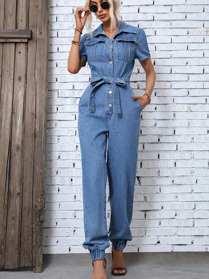 Benuynffy Half Button Belted Denim Jumpsuit Women Summer Short Sleeve Pockets Casual Overalls for Women's Jeans Jumpsuits 2024 FZwear