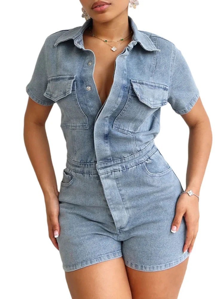 Benuynffy Half Button Short Sleeve Denim Jumpsuits Women Summer Pockets Casual Streetwear One Piece Slim Stretch Rompers Female FZwear