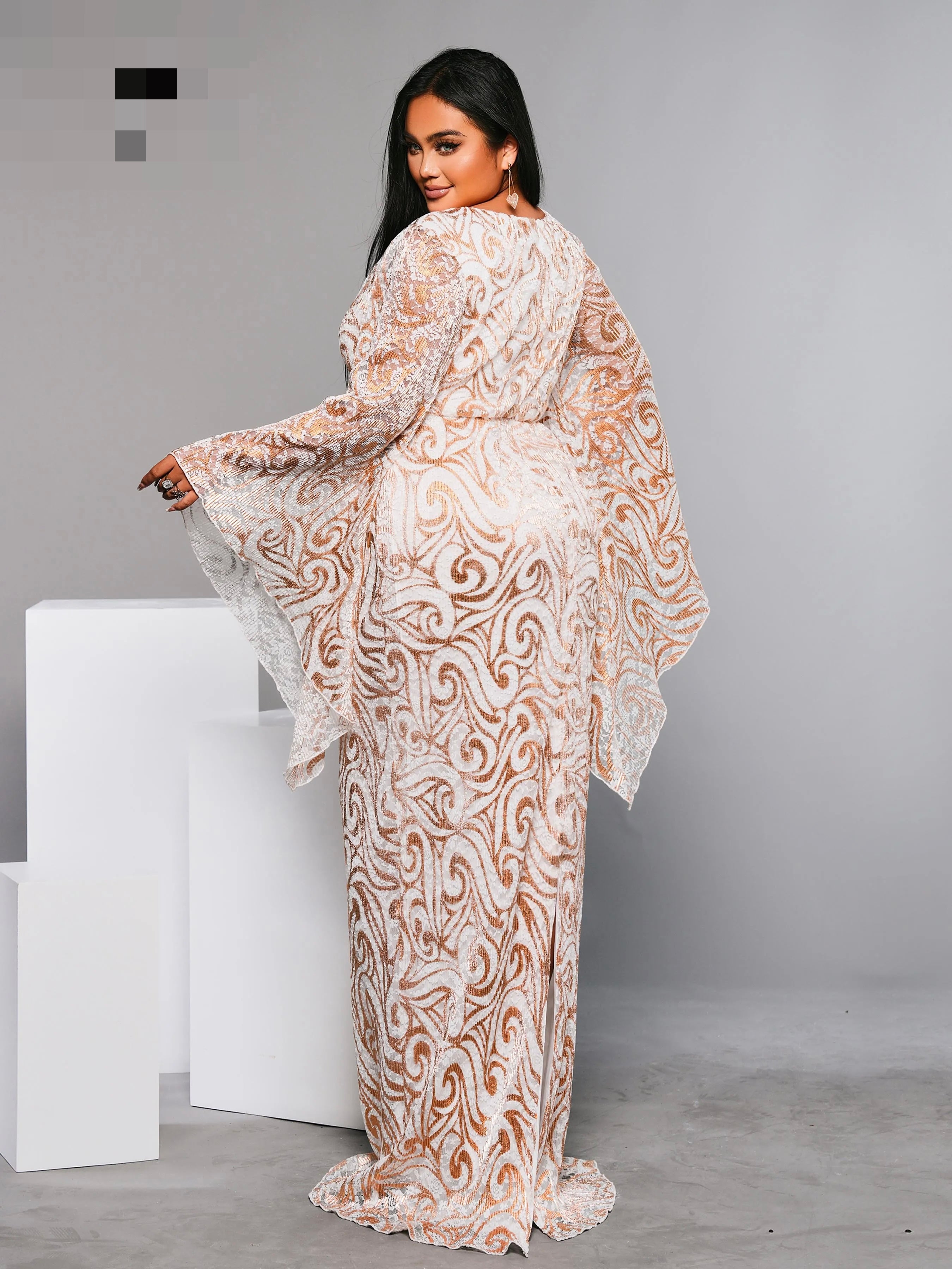 FZ Women's Plus Size Round Neck Flare Sleeve Geometric Sequin Evening Dress