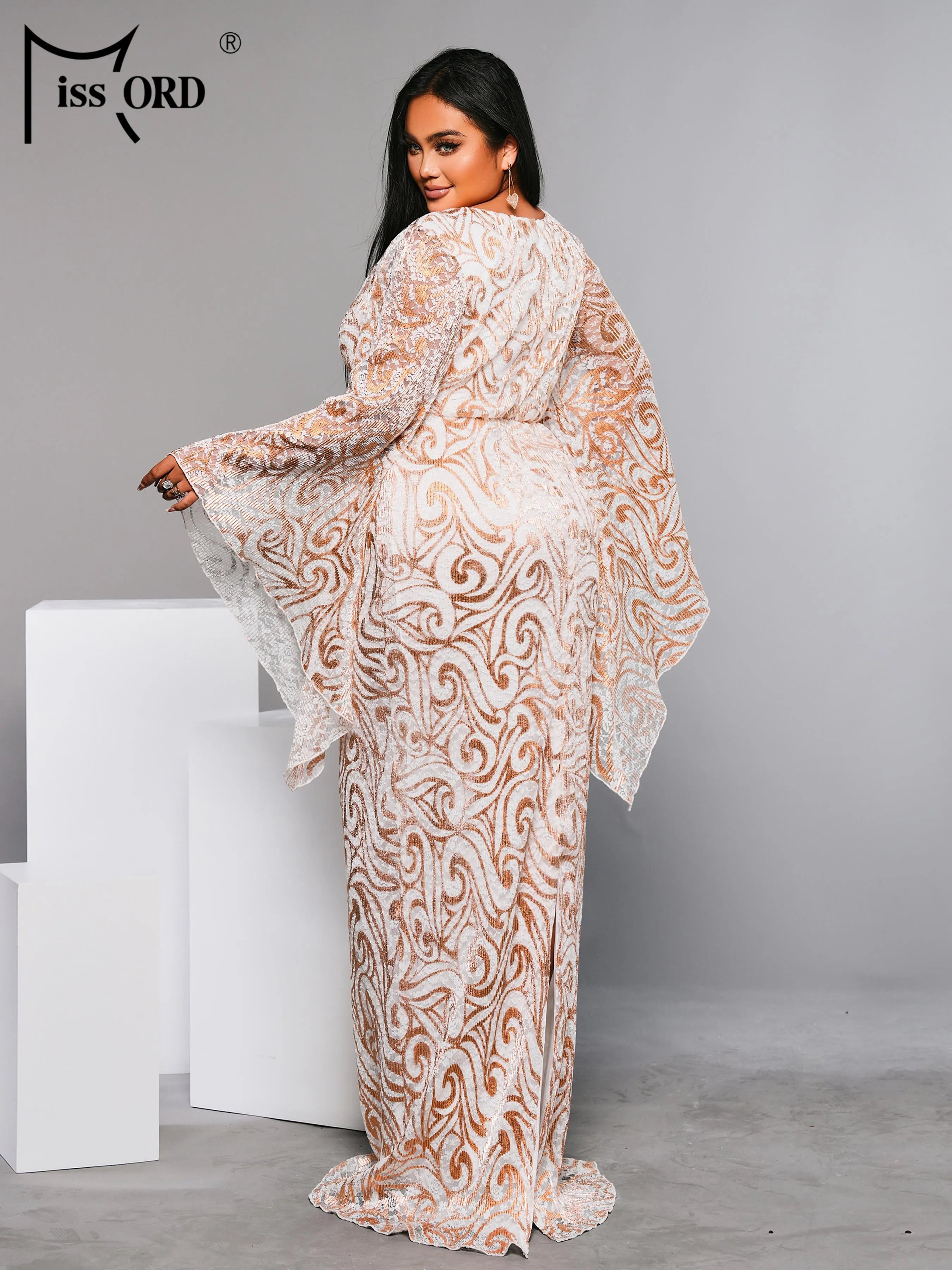 FZ Women's Plus Size Round Neck Flare Sleeve Geometric Sequin Evening Dress