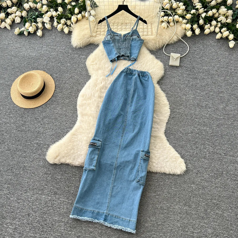 FZ Women's Sling Strapless A Line High Waist Two Piece Denim Skirt Suit
