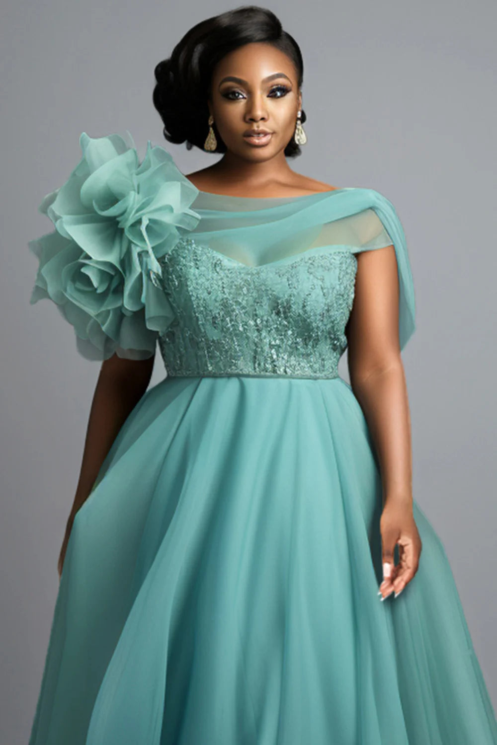 FZ Women's Plus Size Round Neck One Shoulder 3D Elegant Tulle Maxi Dress