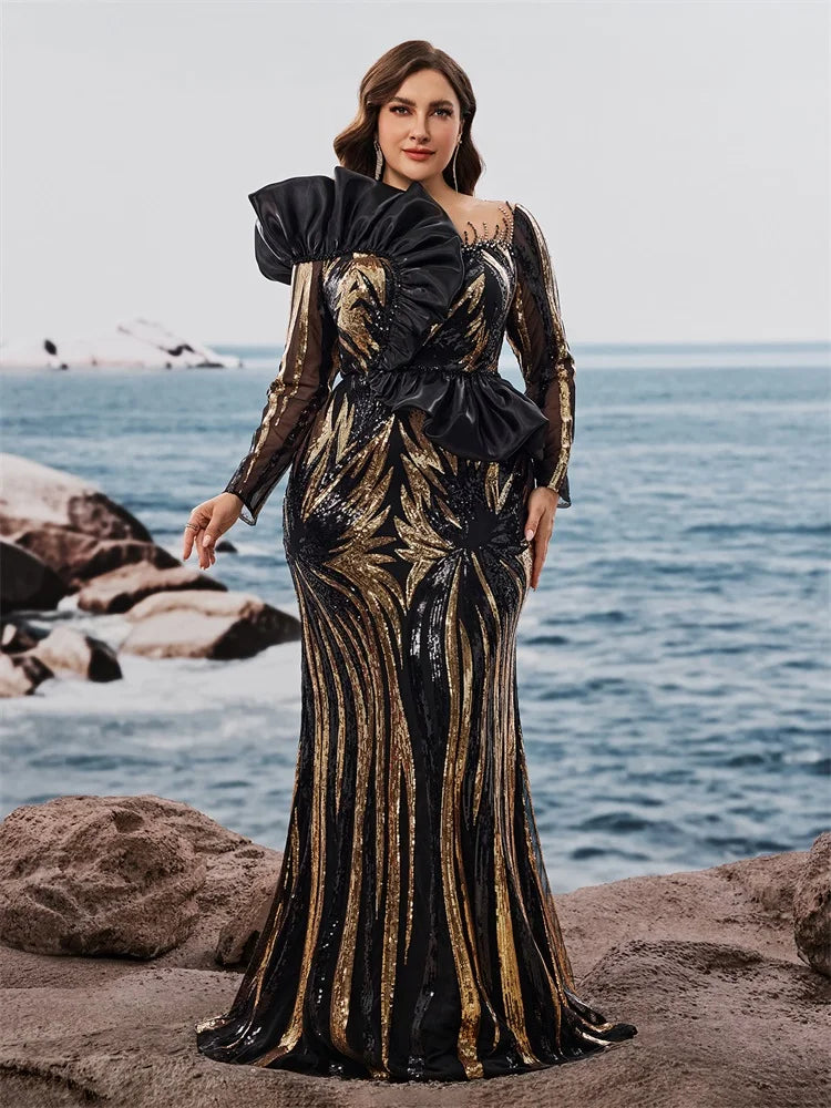 FZ Women's Plus Size Ruffled Sequins Long Sleeve Mermaid Evening Dress