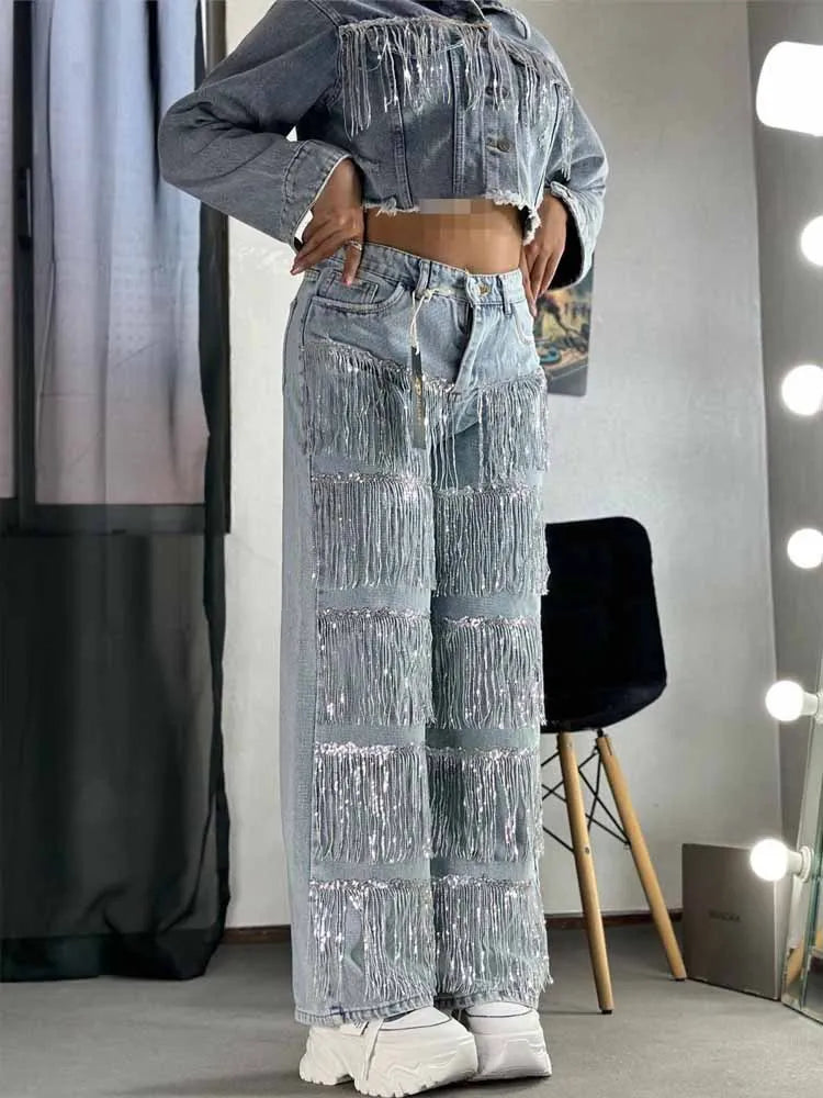 FZ Women's Sequined Tassel High Waist Straight Denim Pants