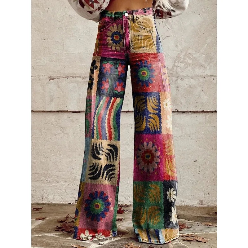FZ Women's Plus Size Vintage Flower Print Wide Leg Leopard Aztec Streetwear Bohemia Pants - FZwear