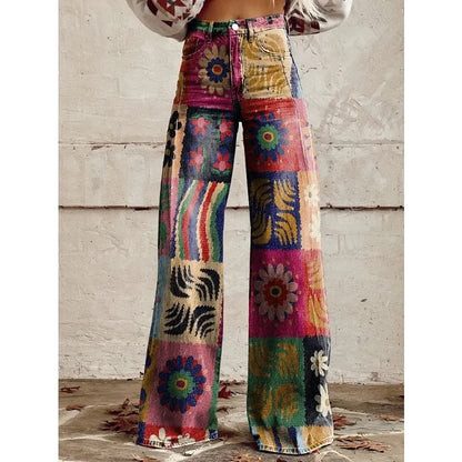 FZ Women's Vintage Flower Print Wide Leg Leopard Aztec Streetwear Bohemia Pants - FZwear