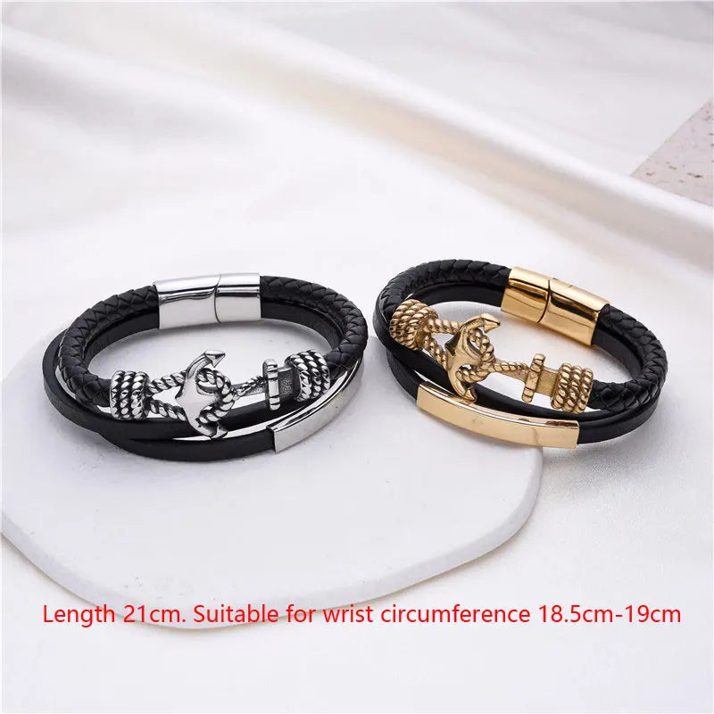 FZ Black Multilayer Leather Stainless Steel Anchor Magnetic Clasp Braided Bracelet - FZwear