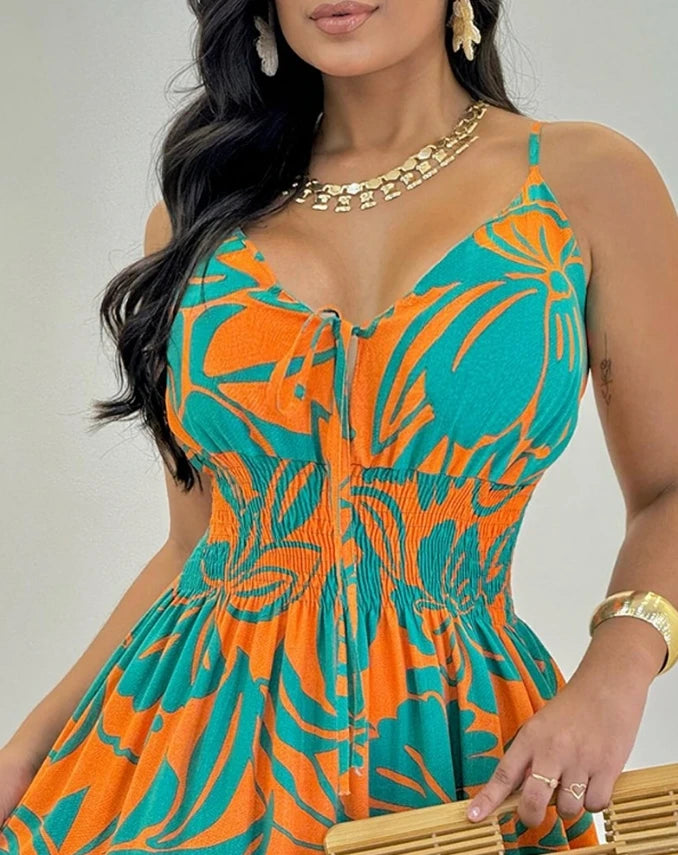 FZ Women's High Waist Tropical Print Tied Detail Shirred Slit Maxi Sundress