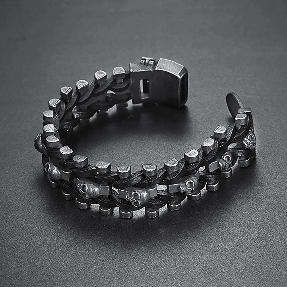 FZ Black Skull Braided Leather Stainless Steel Cool Skull Bracelet