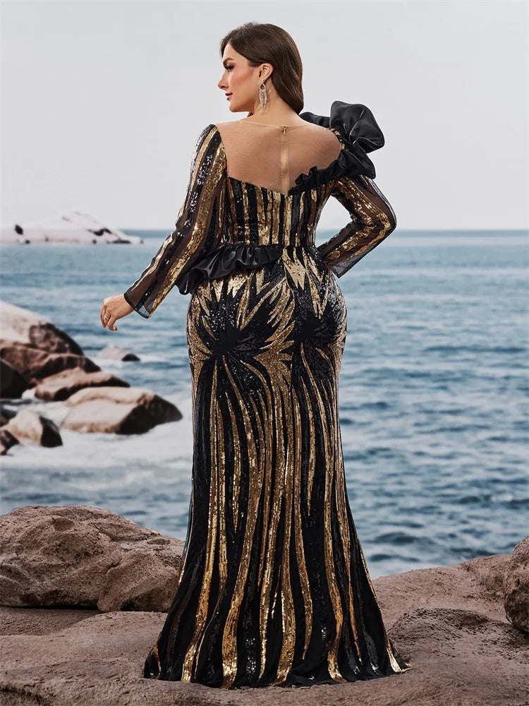 FZ Women's Plus Size Ruffled Sequins Long Sleeve Mermaid Evening Dress