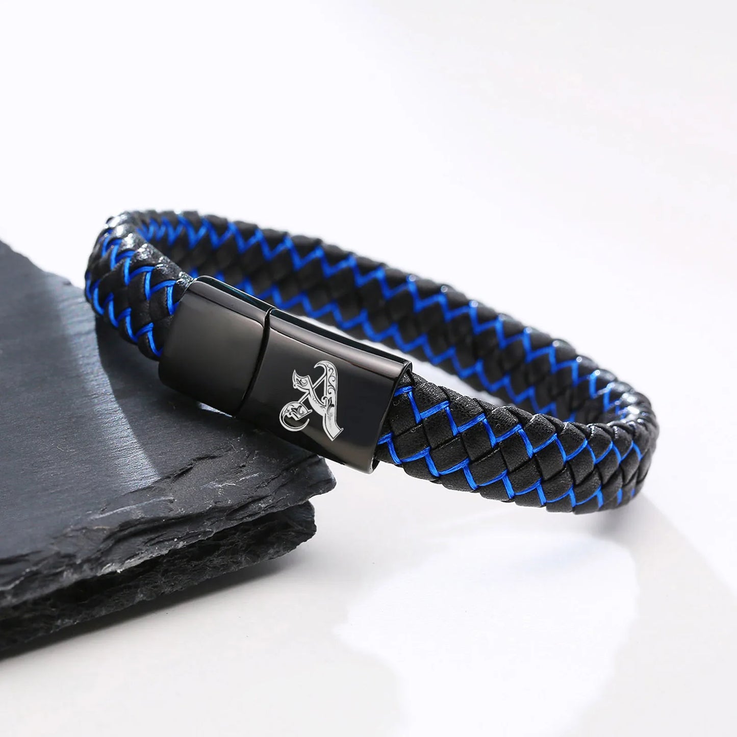 FZ Blue Black Braided Leather A-Z Initial  Bracelet - FZwear