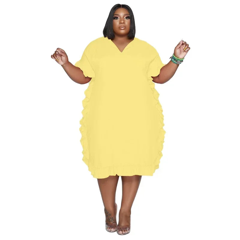 FZ Women's Plus Size Side Ruffles Short Sleeve Midi Streetwear Dress