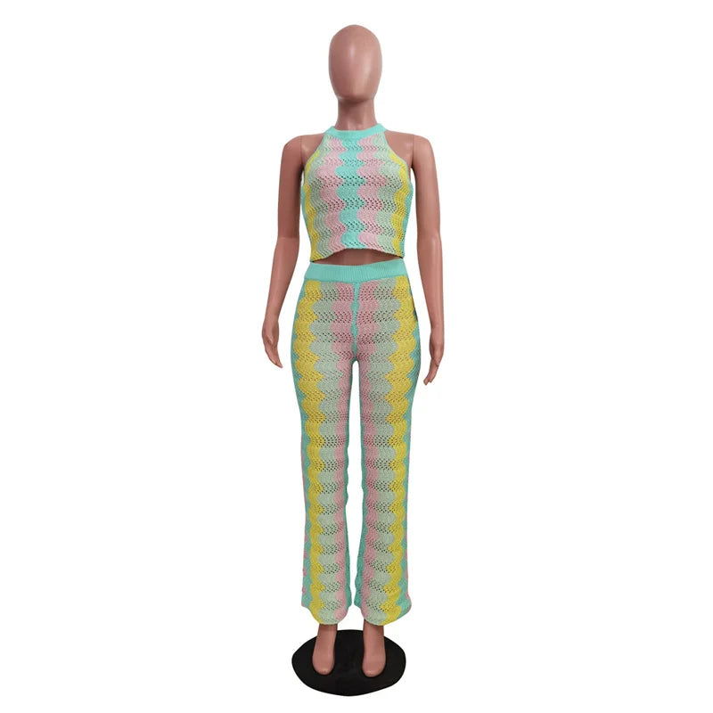 FZ Women's Knitted Striped Sleeveless Flare 2 Piece Pants Suit