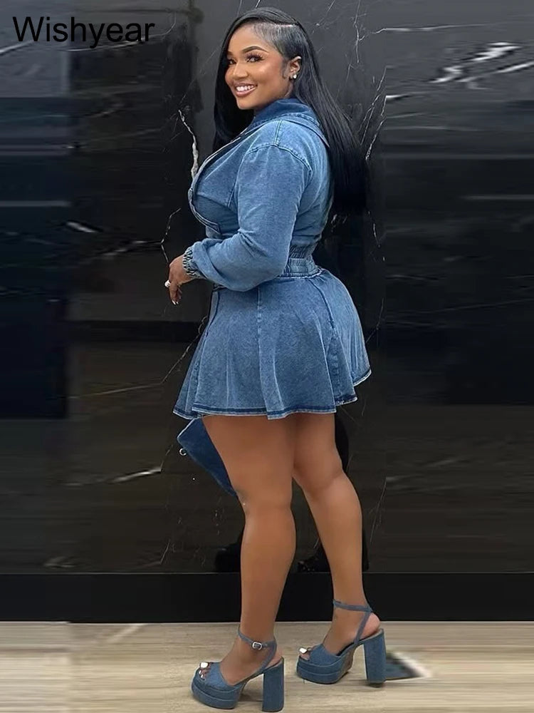 FZ Women's Long Sleeve Hooded Pleated Vintage Wash 2 Piece Denim  Skirt Suit