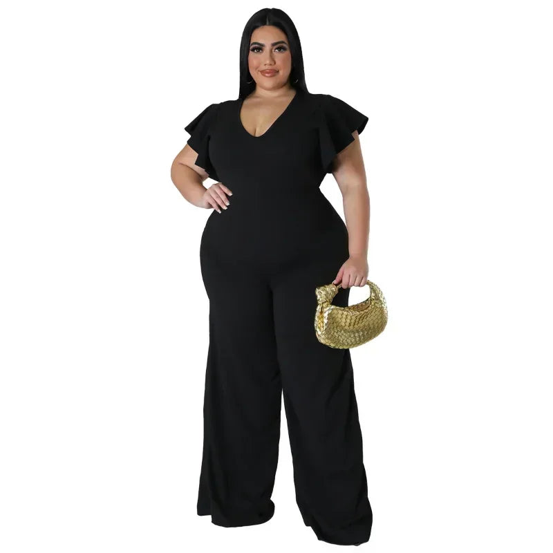 FZ Women's Plus Size V-neck Ruffles Sleeve High Waist Wide Leg Straight Jumpsuit