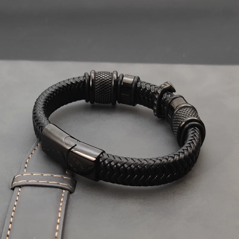FZ Men's Hand-woven Rope Multi-layer Stainless Steel Leather Cross Bracelet