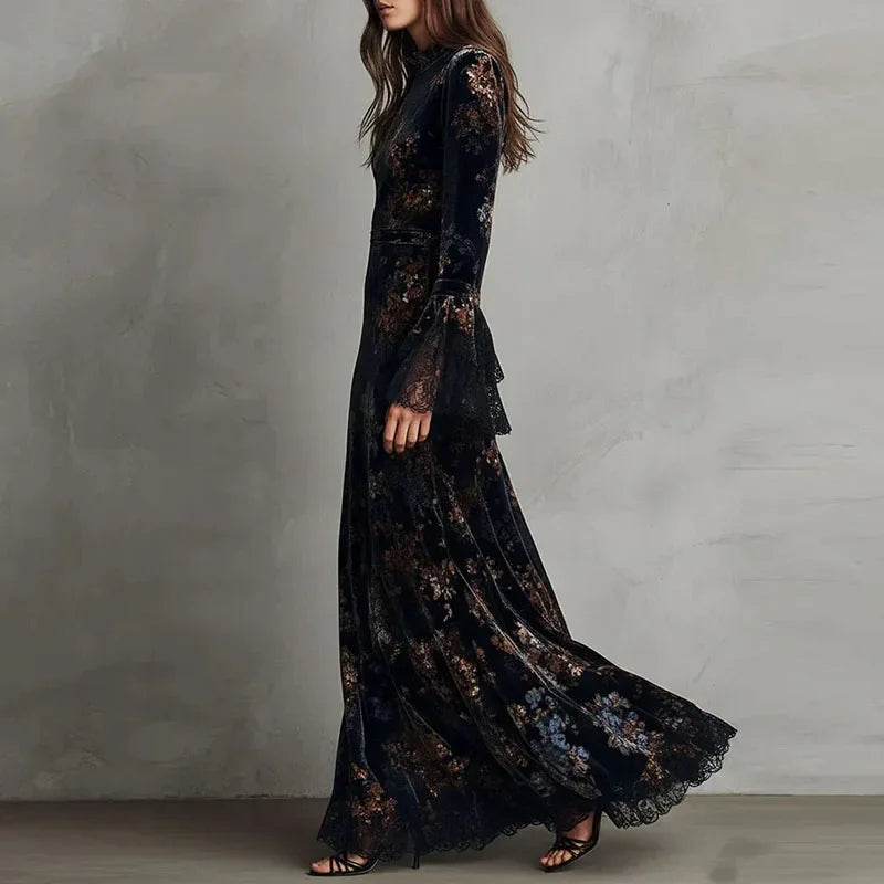 FZ Women's Retro Floral Print Velvet O Neck High Waist Evening Dress