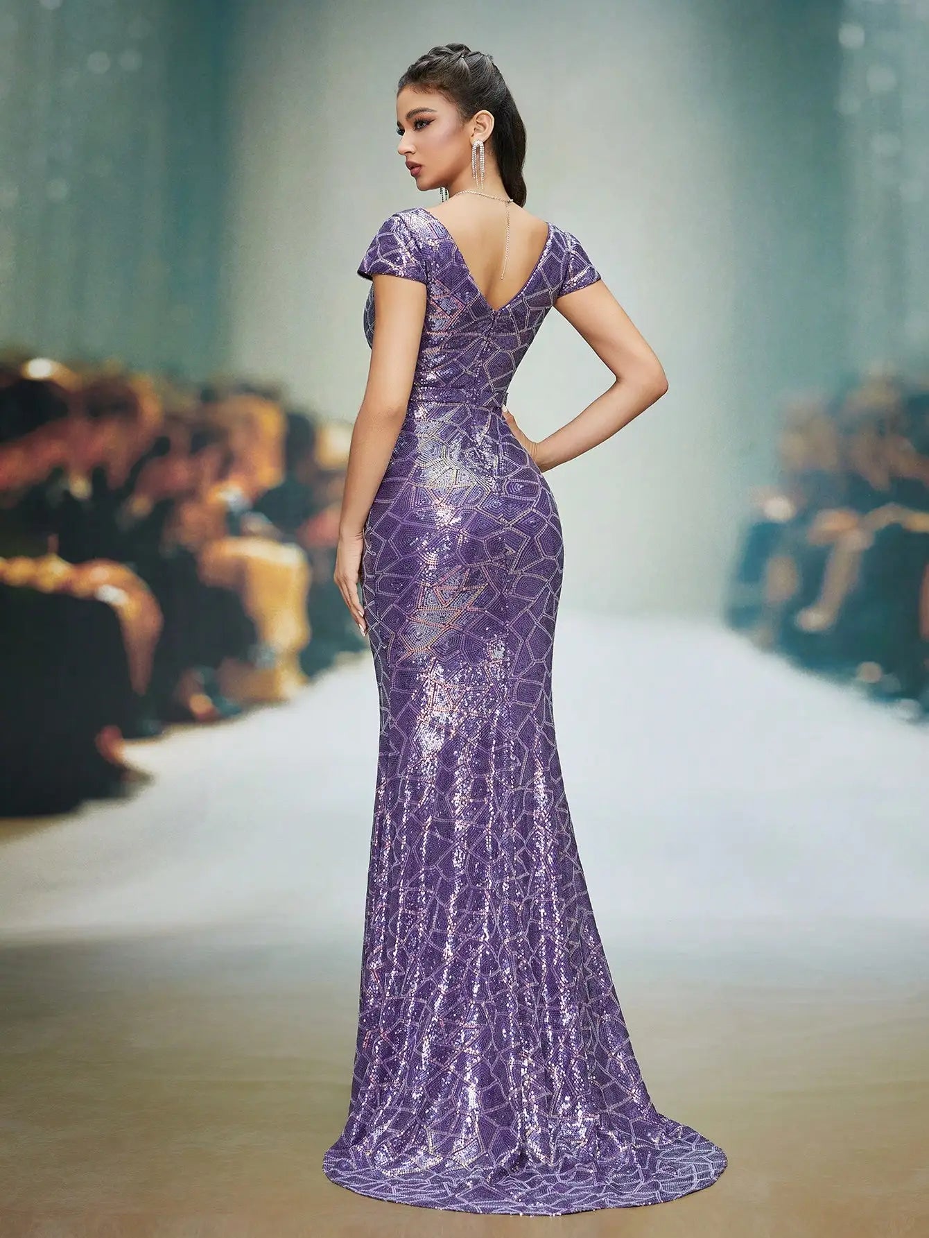 FZ Women's Embroidered Sequins Strapless Sleeves Evening Dress