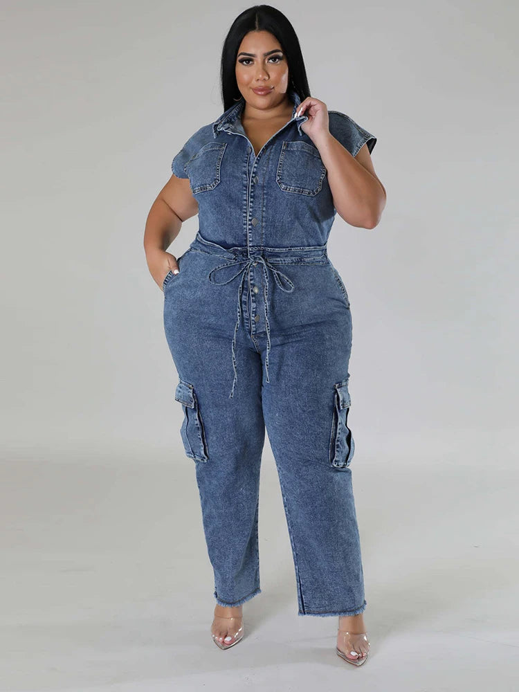 FZ Women's Elastic Waist One Piece Sleeveless Denim Jumpsuit