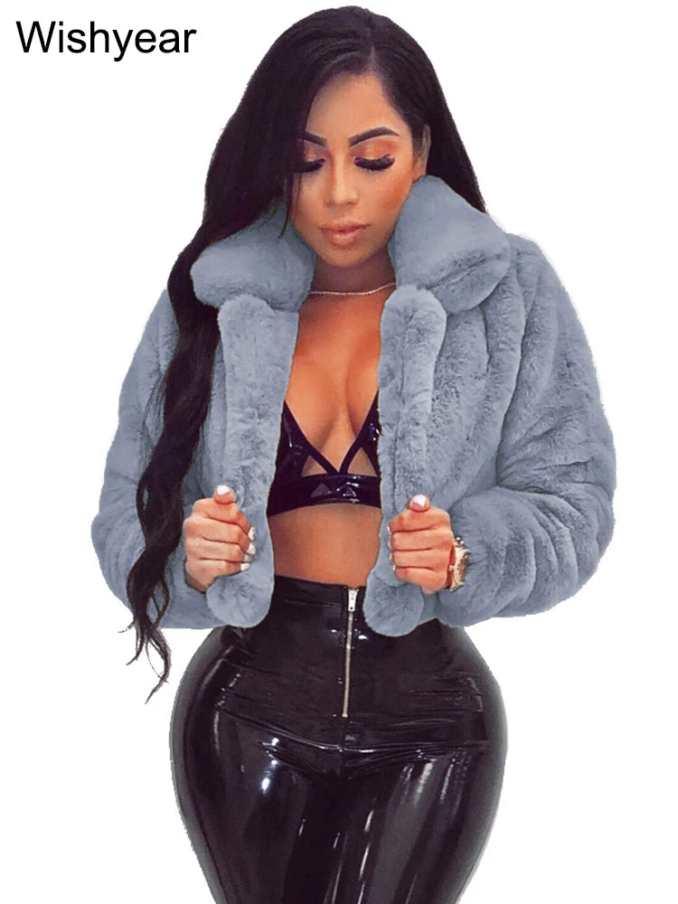 FZ Women's Faux Fur Open Stitch Lapel Crop Winter Fluffy Jacket