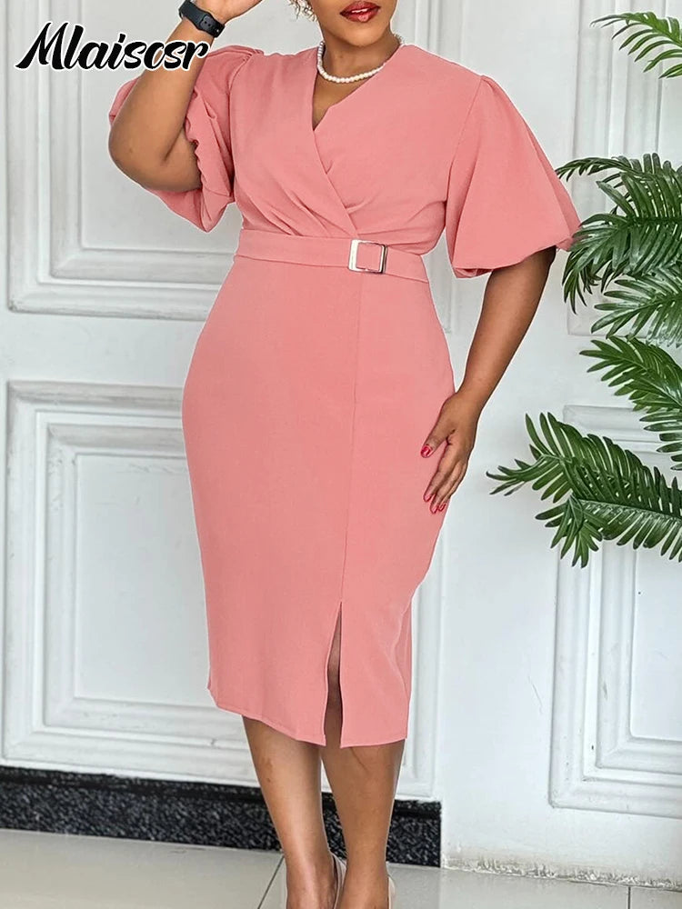 FZ Women's V Neck Short Sleeve Belt Waisted Mid Church Dress