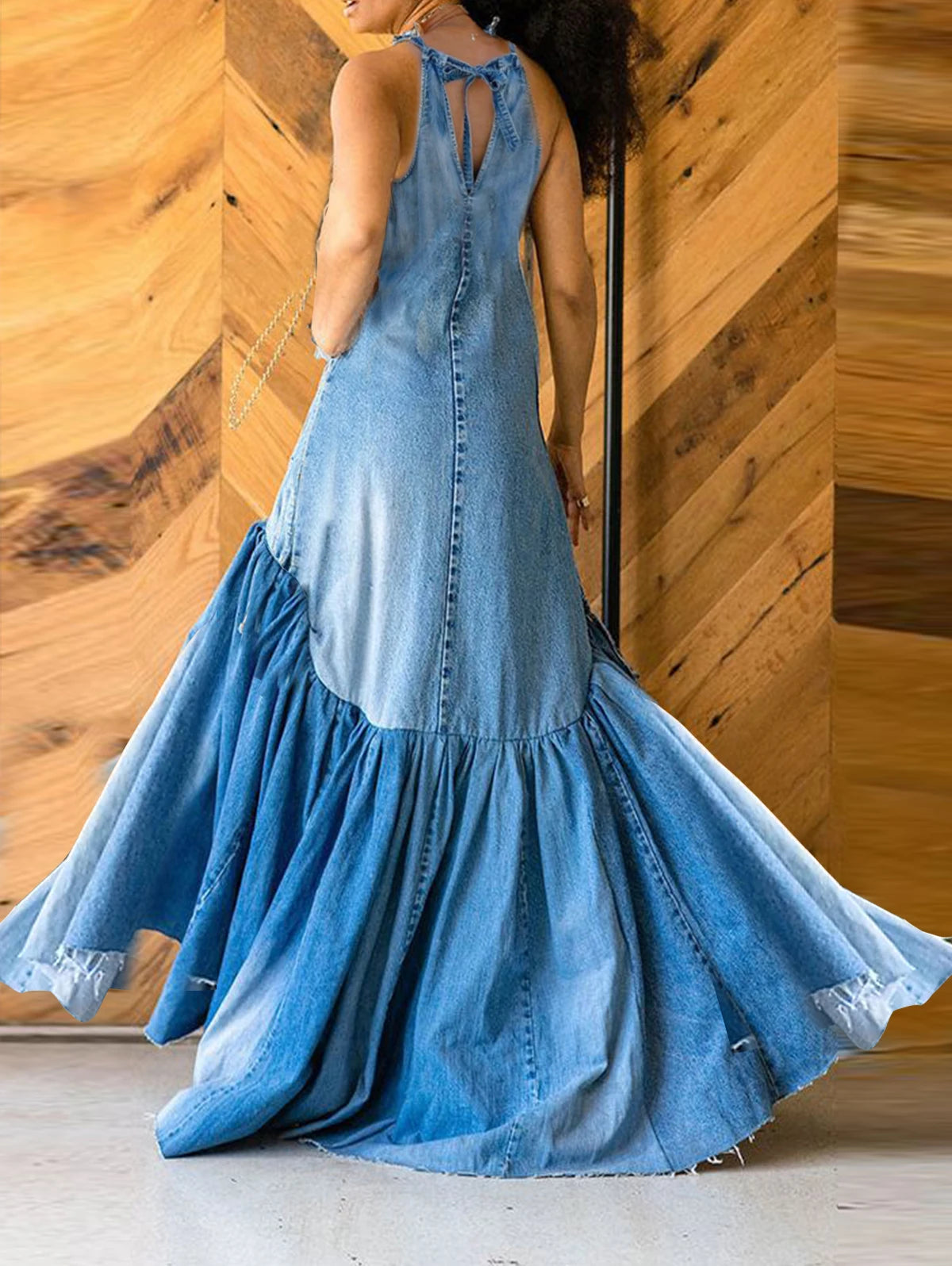 PLUS SIZE Fashion Denim Long Dress Sexy Women Bow Halter Swing Sundress Holiday Sleeveless Robe Casual Loose Mermaid Maxi Dress FZwear