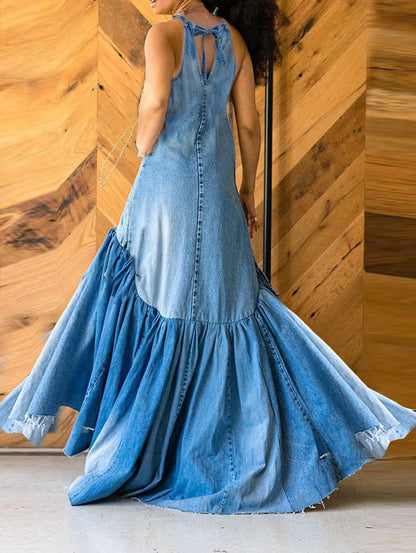 PLUS SIZE Fashion Denim Long Dress Sexy Women Bow Halter Swing Sundress Holiday Sleeveless Robe Casual Loose Mermaid Maxi Dress FZwear