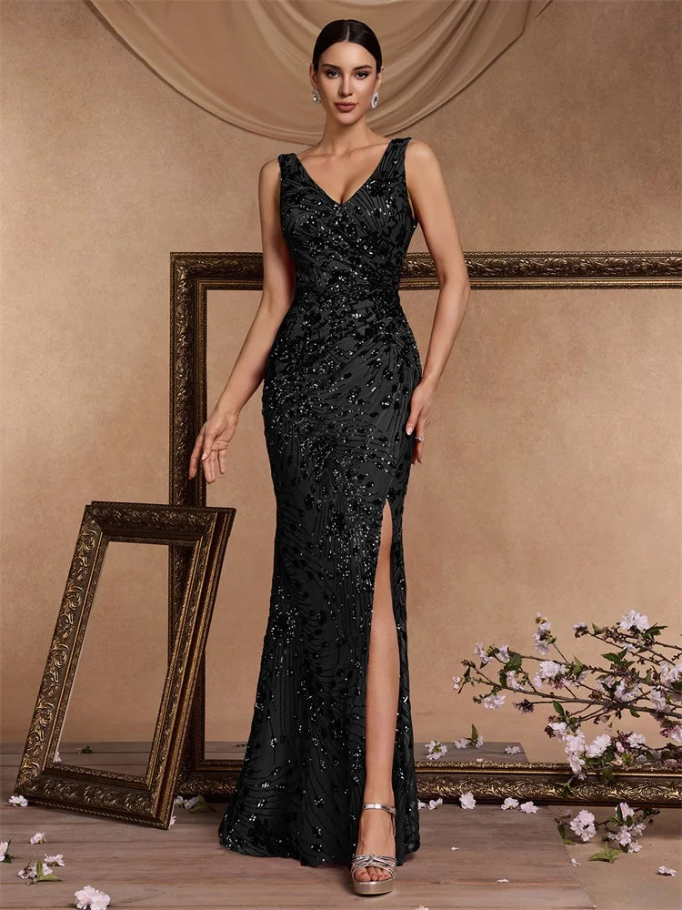 FZ Women's V-neck Slit Sequin Mermaid Deep Cocktail Evening Dress