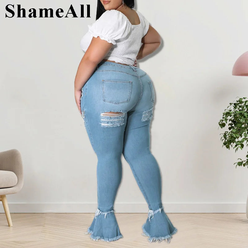 Plus Size Streetwear Lace Up Sexy Ripped Skinny Black Flare Jeans 4XL Woman Club Party High Waisted Stretchy Denim Bell Bottom FZwear