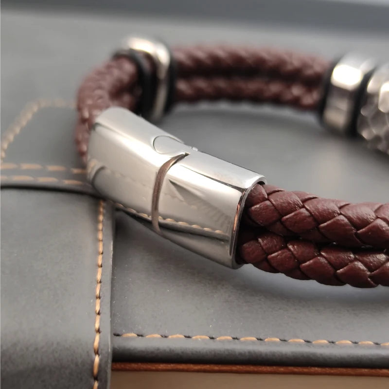 FZ Men's Stainless Steel Irregularly Cracked Genuine Braided Leather Bracelet