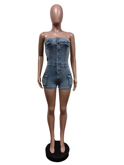 Benuynffy Summer Sexy Strapless Denim Jumpsuit Romper Women Club Party Streetwear Single Breasted Sleeveless Jumpsuit Shorts FZwear