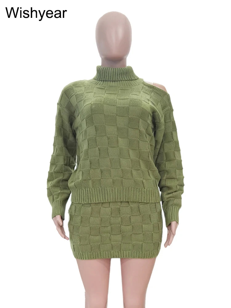 FZ Women's Long Sleeve Turtleneck Grid Knitted  2 Piece Mini Skirt Suit